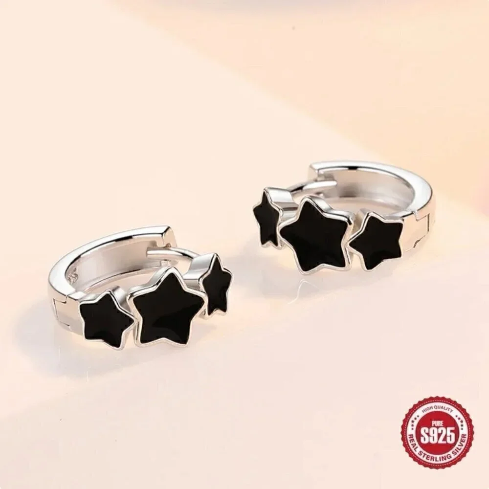 NWT Stars Hoop Huggie Earrings S925 Sterling Silver Triple Black Minimalist